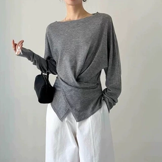 现货厂家批发 老钱风不规则收腰灰色长袖针织衫女显瘦高集感上衣