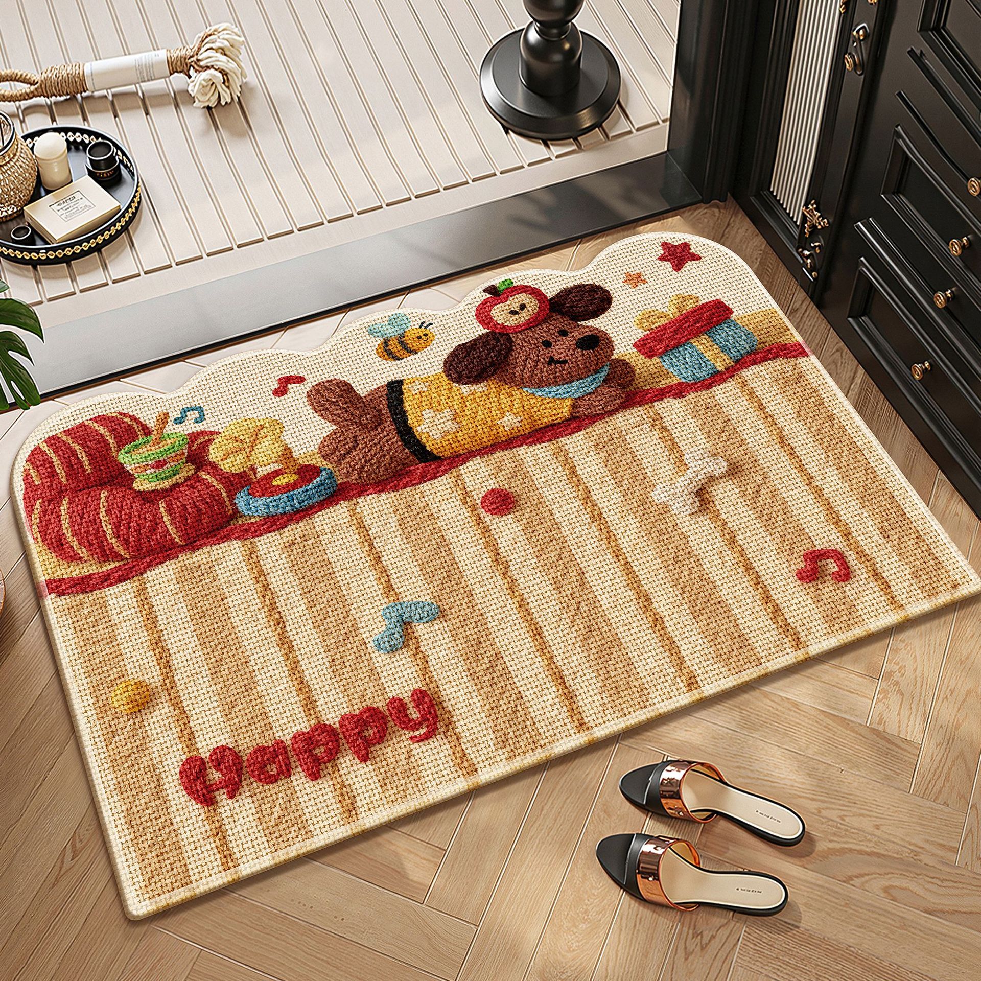 Cartoon lino tejido alfombra de baño alfombra roja absorción de agua puerta de baño alfombra antideslizante alfombra gruesa