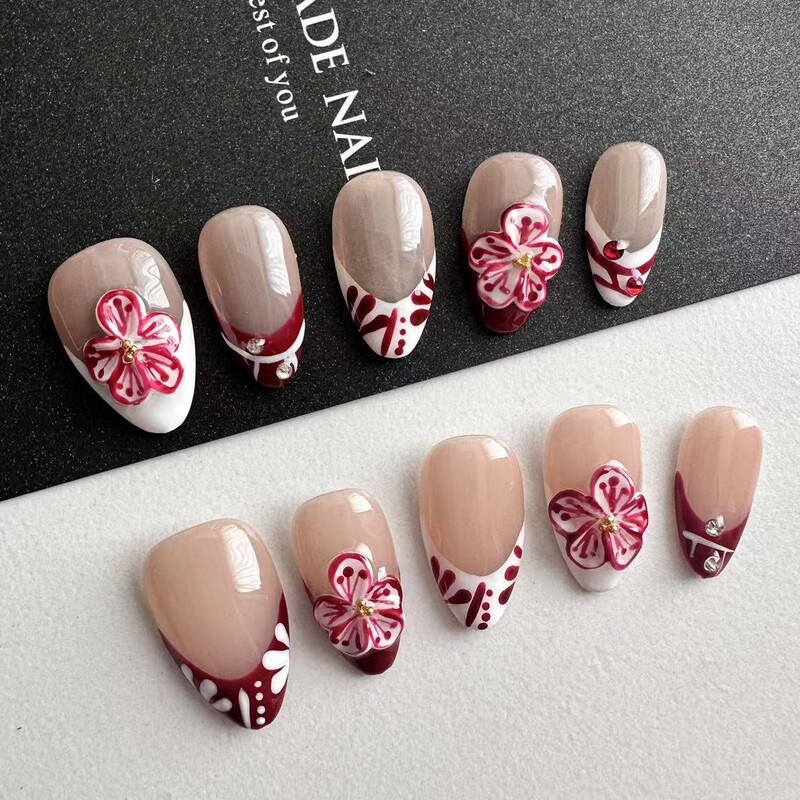 Daily Short European and American Wearable Nails 3D High-End Fake Nails Pure Handmade Short Almond Carved Wearable Nails