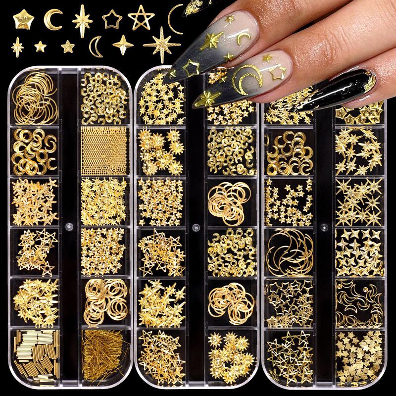 Cross-Border New 12-Grids Nail Art Jewelry Japanese Style Metal Starburst Ocean Series Gold Rivets DIY Nail Jewelry