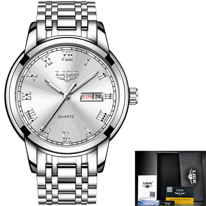 LIGE 9846-Semana banda de acero disco reloj de negocios elegante personalidad calendario hombres reloj casual transfronterizo