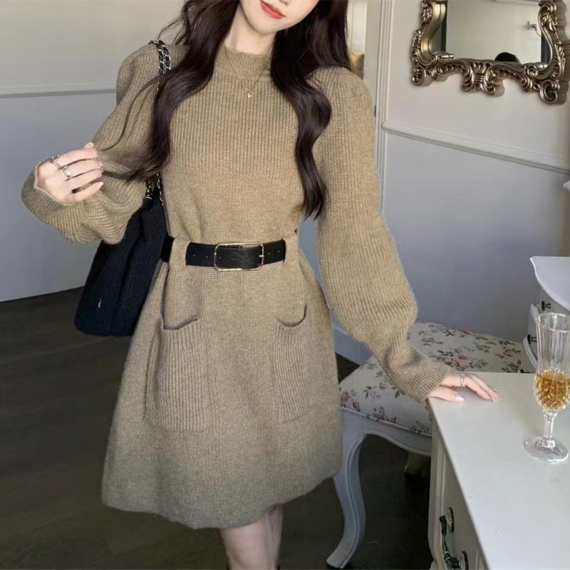 Autumn Women's Knit Sweater Dress with a Cinched Waist and Puff Sleeves, Suitable for Pairing with Boots or Coats, Can Be Worn as an Outer Layer or as a Base Layer