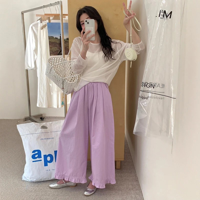 韓国スタイルの女性用ワイドレッグパンツ 2025 夏薄いストレートレッグ多用途ハイウエストスリムルーズドレープカジュアル|undefined