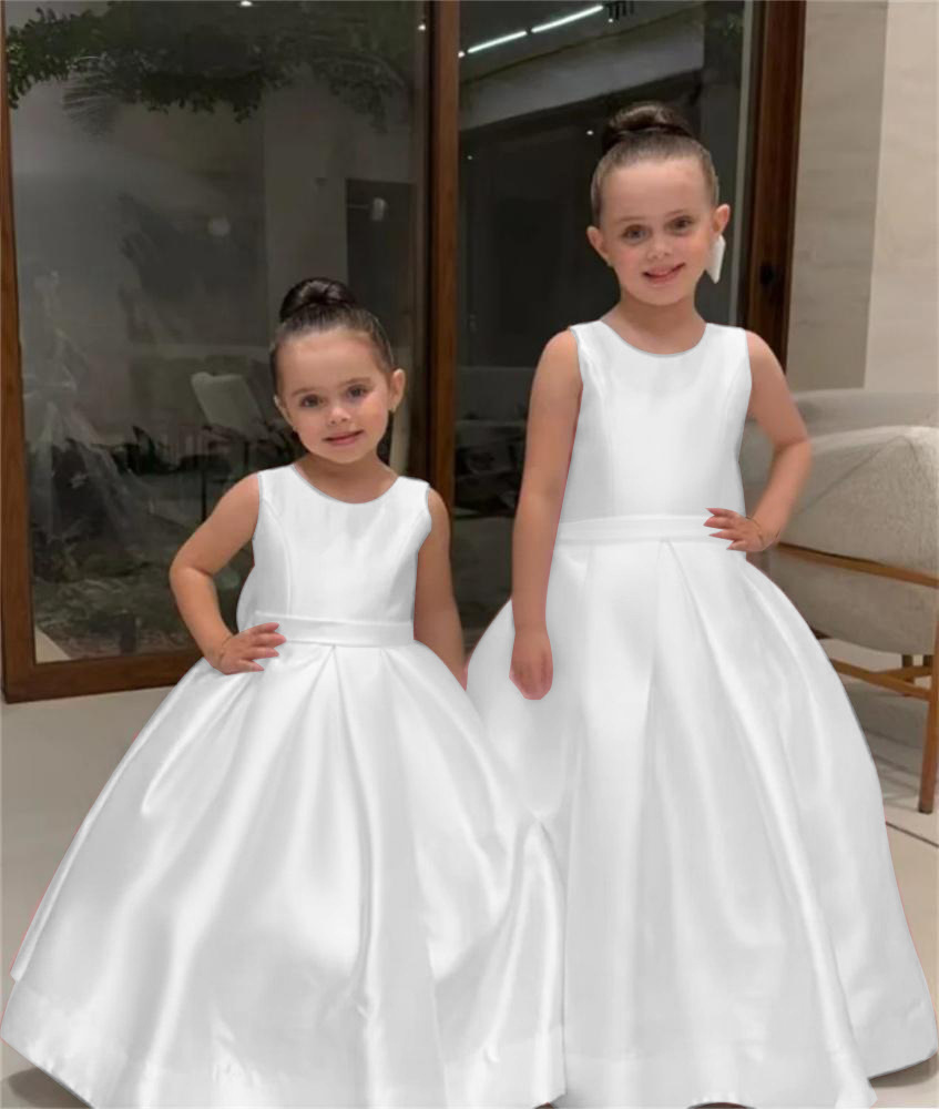 Abito lungo bianco in raso con fiocco per damigella d'onore bambina, 2025_voghion.com