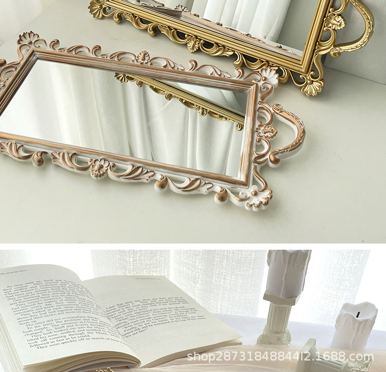 北欧轻奢复古金色收纳托盘方形蛋糕盘玻璃镜面置物盘拍