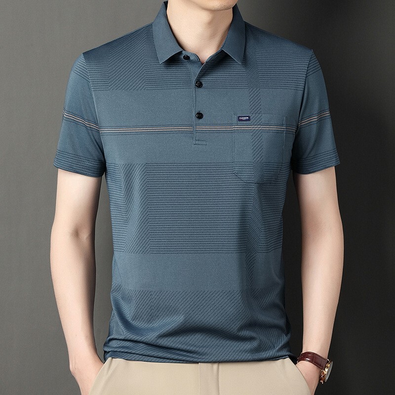 TikTok Live Broadcast Summer Men's Short-sleeved T-shirt Dad's Dress Loose Middle-aged and Elderly Men's Lapel Short-sleeved Ice Silk Men's T-shirt