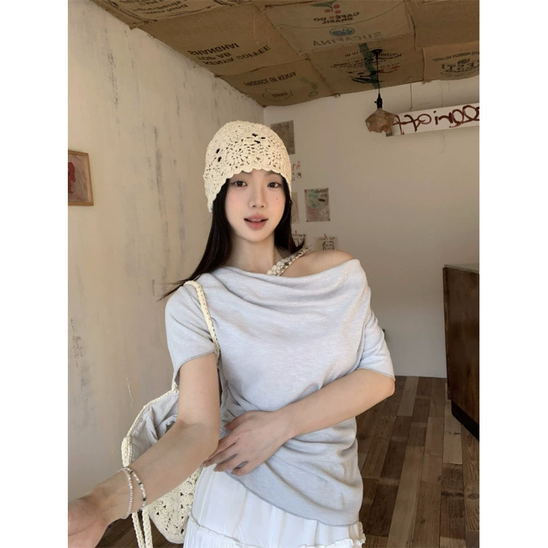 Реальный снимок, реальная цена, поддельная футболка из двух частей с короткими рукавами и кружевом для женщин, летняя футболка для похудения, сексуальный топ на одно плечо