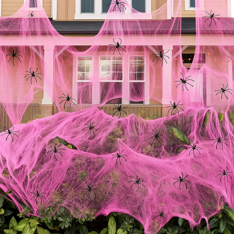 New Halloween Pink Spider Cotton Artificial Spider Web Spider Silk Outdoor Garden Atmosphere Decoration Cotton Silk Props