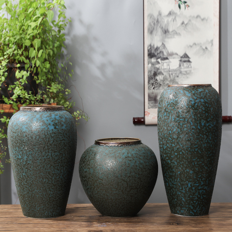 家居裝飾品擺件景德鎮陶瓷三件套乾花花器新中式陶瓷花瓶蜂窩蘭