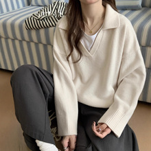 欧美跨境亚马逊polo领毛衣女秋冬慵懒宽松上衣软糯百搭长袖针织衫