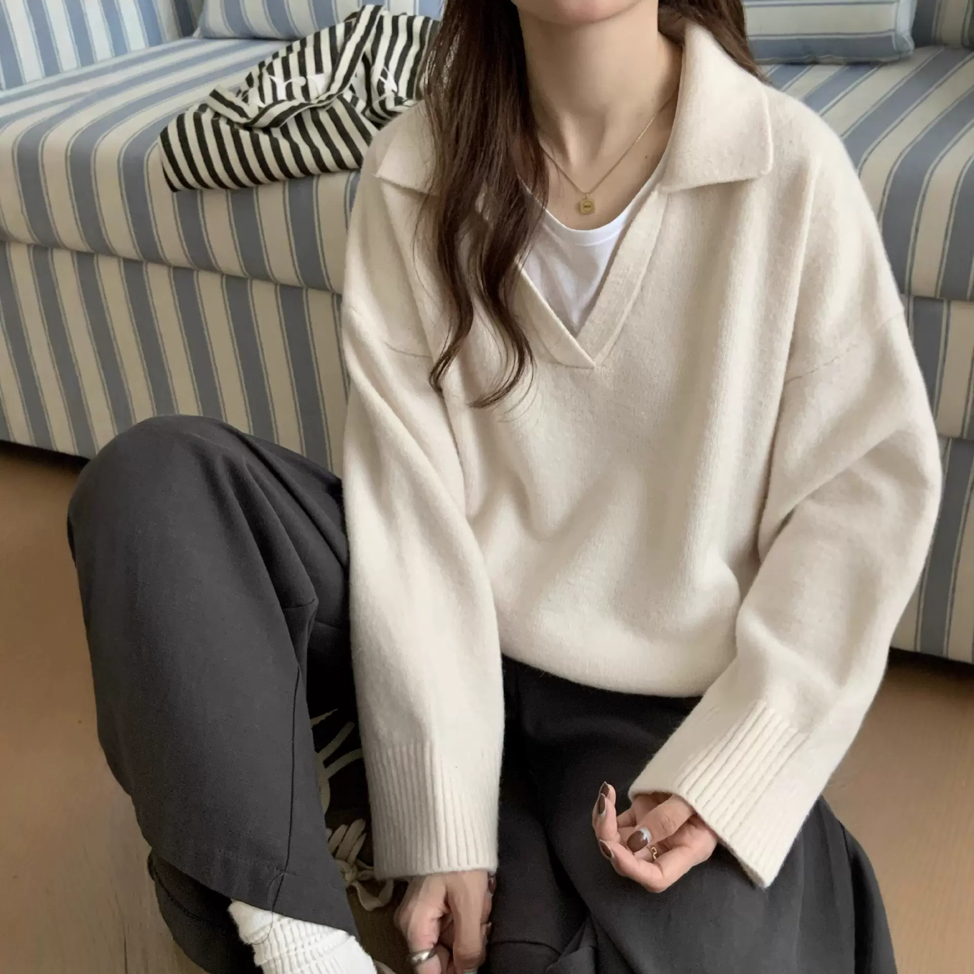 欧美跨境亚马逊polo领毛衣女秋冬慵懒宽松上衣软糯百搭长袖针织衫