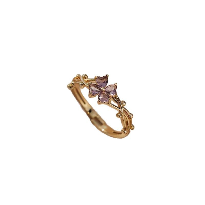 Exquisite, Fashionable and Elegant Literary Style Shiny Purple Zircon Four-Petal Flower Single Women's Ring Daily Work Clothing Accessories Exquisite, Fashionable and Elegant Literary Style Shiny Purple Zircon Four-Petal Flower Single Women's Ring Daily Work Clothing Accessories