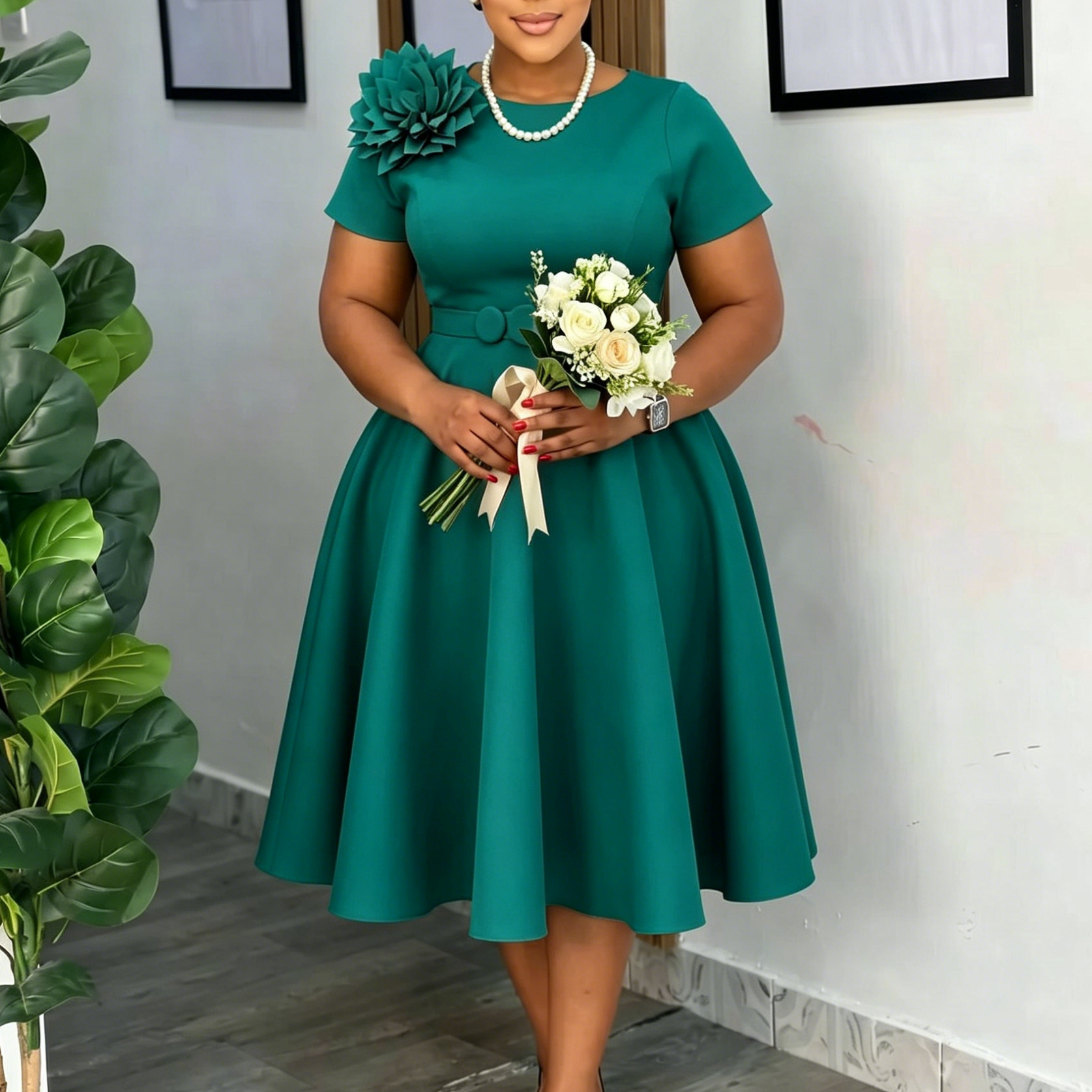 D636 African Foreign Trade Cross-Border New Summer Elegant and Stylish Floral Embellished Solid Color Plus-Size Flared Dress