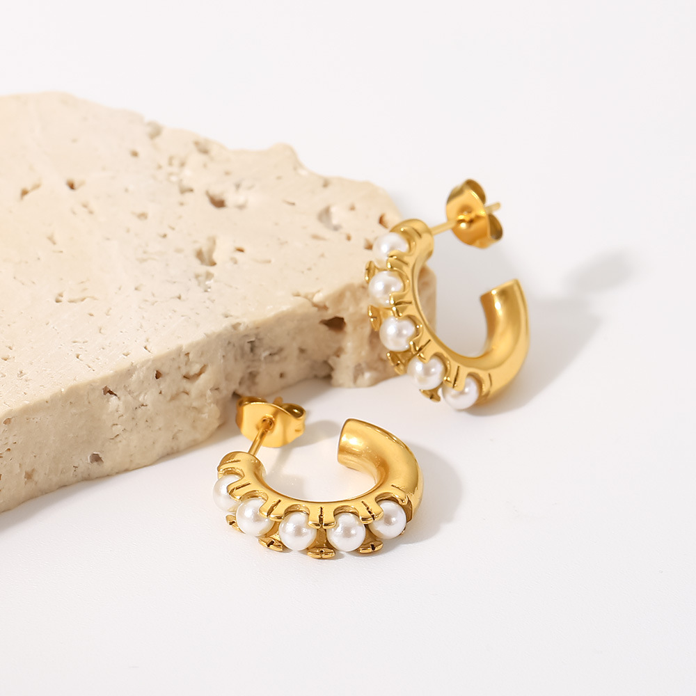 Retro C Shape Stainless Steel Earrings Inlay Pearl Stainless Steel Earrings