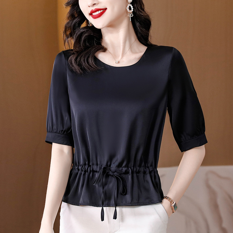 Silk T-Shirt Women's Short-Sleeved 2025 New Summer Fashion Slimming Look Waist Mulberry Silk Shirt Satin Bottoming Top