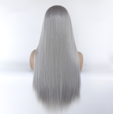 Europa y América de moda fibra química frente encaje pelucca de cabello largo y recto gris cubierta de cabeza comercio exterior LW0019