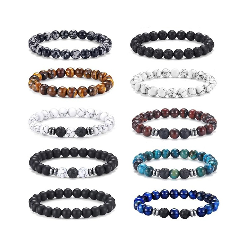 2025 Cross-Border Export Fashion Volcanic Stone Tiger Eye Beaded Bracelet Niche Design Trendy Men's Jewelry Set