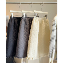 木耳边压褶菱格夹棉半身裙女秋冬韩系小个子松紧高腰百搭a字中裙