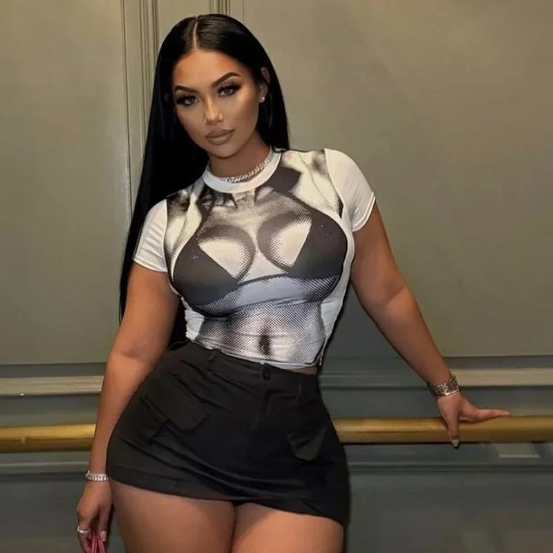 3D Human Body Print Sexy Crop Top Women Street Costume Fashion Short Sleeve Club Street Costume T-Shirt