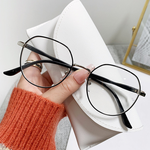 New Fashionable Metal Literary Student Myopia Flat Glasses Women's Casual No-Makeup Versatile Polygonal Anti-Blue Light Glasses