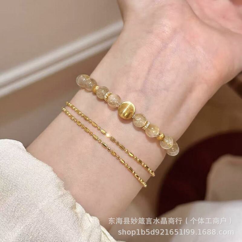 「金胭」黄水晶金发晶手串女款招财转运拉丝金色串珠手链送礼物|undefined