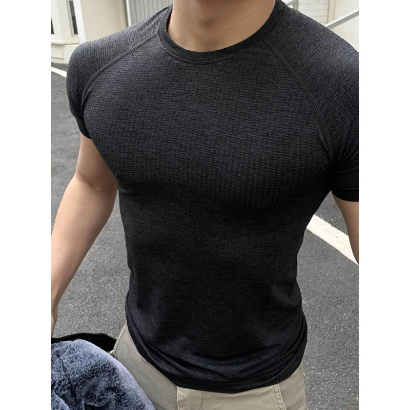 Seamless Jacquard Sports Short-Sleeve Summer Quick-Dry Training Fitness Stretch American Slim Fit Round Neck Solid Color T-Shirt