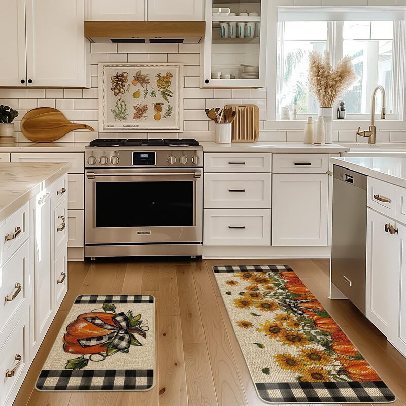 Amazon Autumn Pumpkin Linen Floor Mat Kitchen Floor Mat Two-Piece Set Entrance Door Mat Water Absorbent and Oil Absorbent Dropshipping