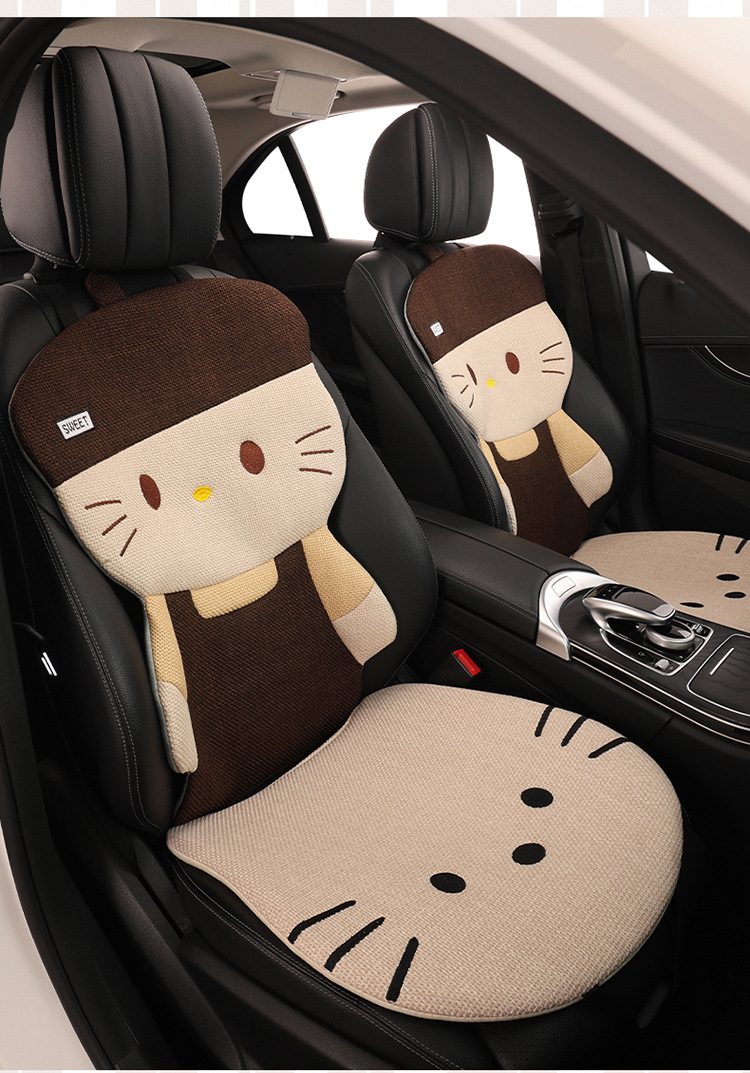 Four Seasons Linen Car Seat Cushion Cute Hat Cat Skin-Friendly Breathable Rear Seat Single Universal Seat Cushion Seven-Piece Set