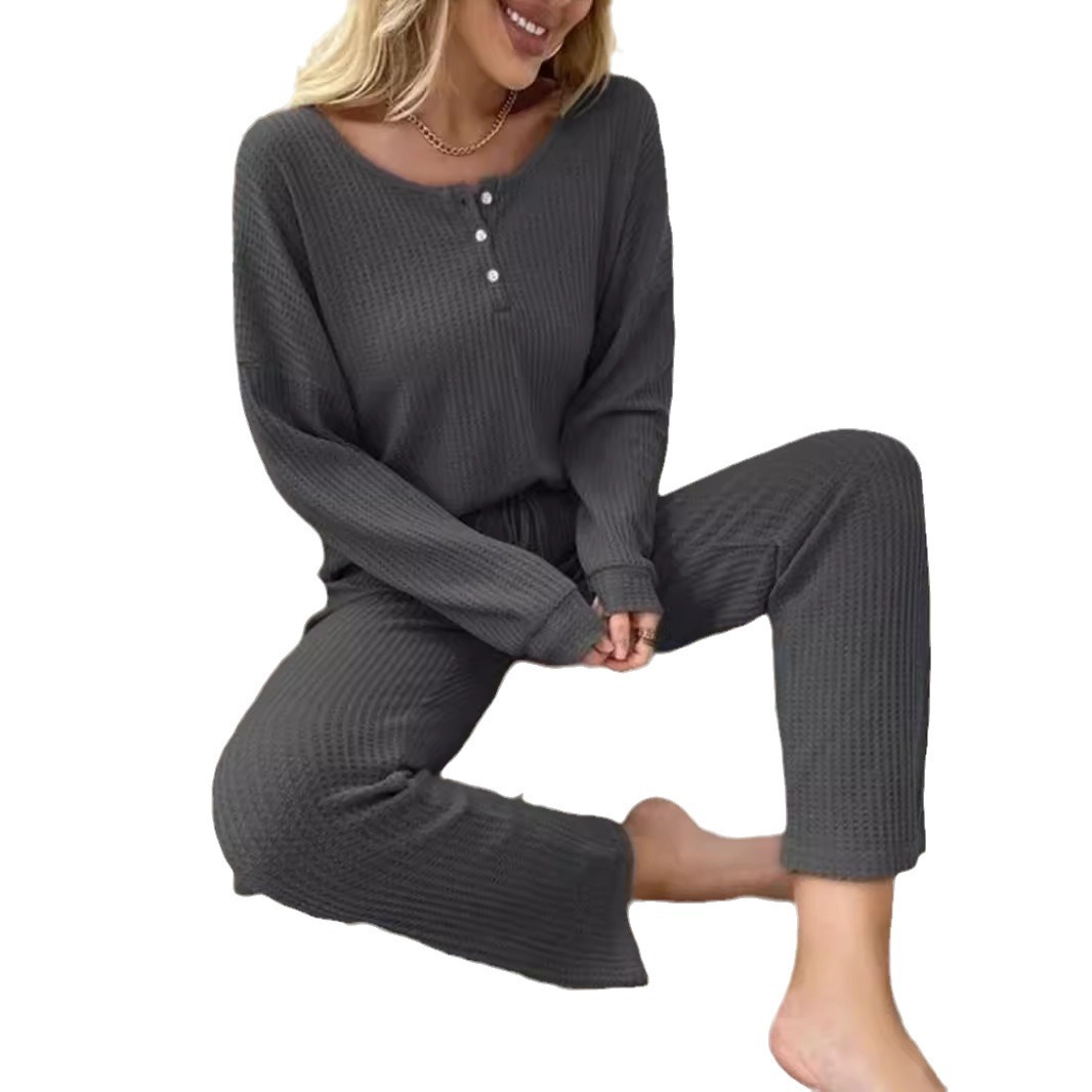 Conjunto de Ropa para Casa de Tejido Waffle para Mujer de Poliéster, Con Cordón, para Otoño image 5