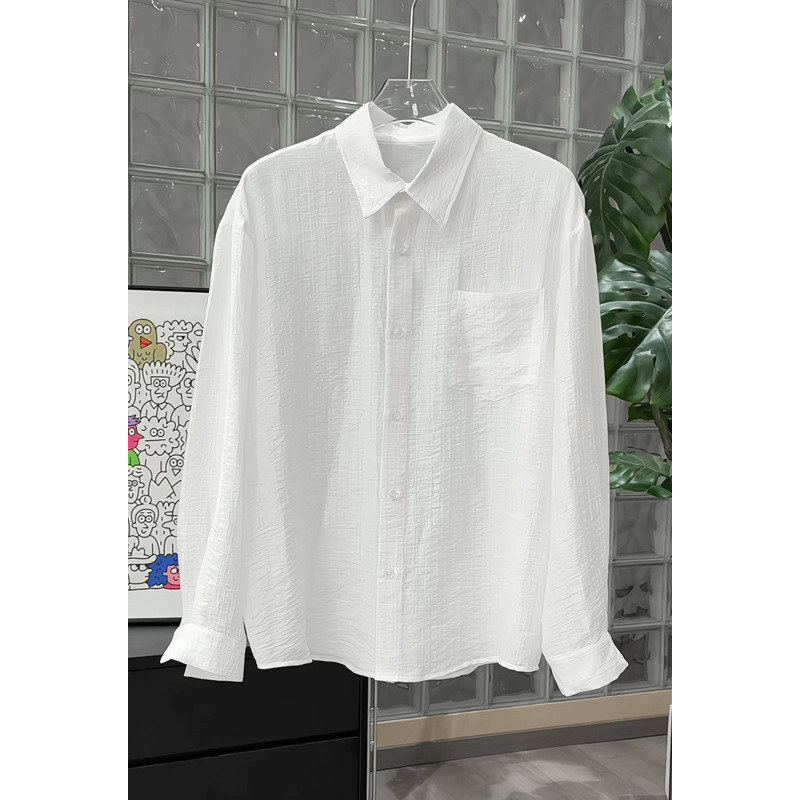 Hong Kong-style Retro Textured Thin Shirt, 2026 Spring New Model, Large Size, Solid Color, Collared, Long-sleeved,_voghion.com