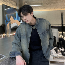 2024春季新款拉链牛仔外套男士宽松水洗复古磨白蓝情侣男外套高街