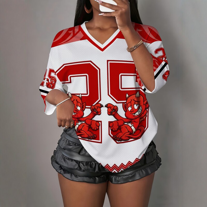 American retro V-neck short-sleeve T-shirt for women, loose fit with leopard print and number 25 print, street jersey style casual top
