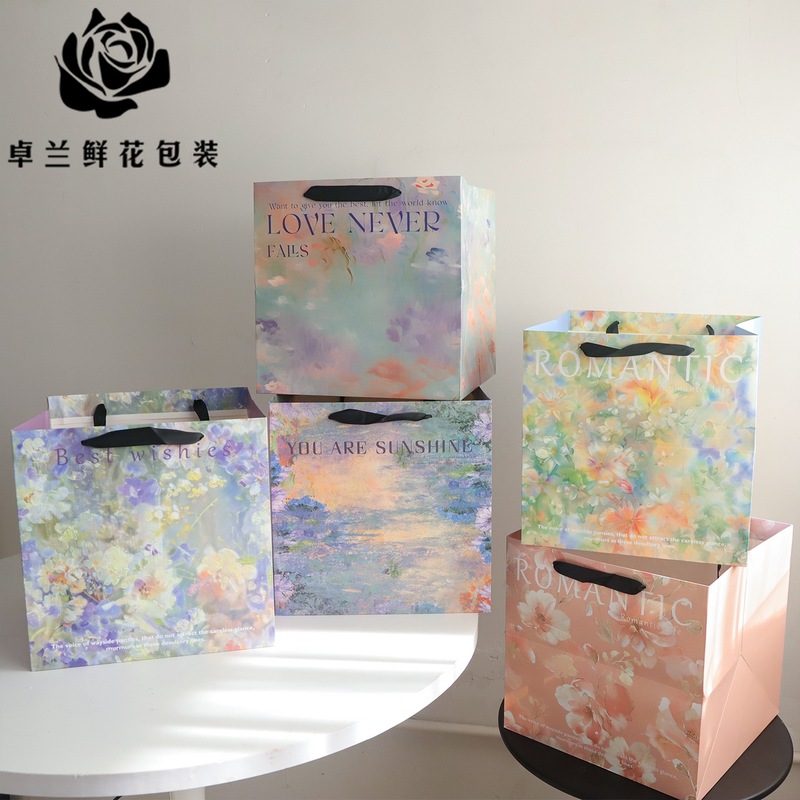 卓兰鲜花手提袋油画风手拎袋加厚大尺寸纸袋花束打包手工diy材料|undefined