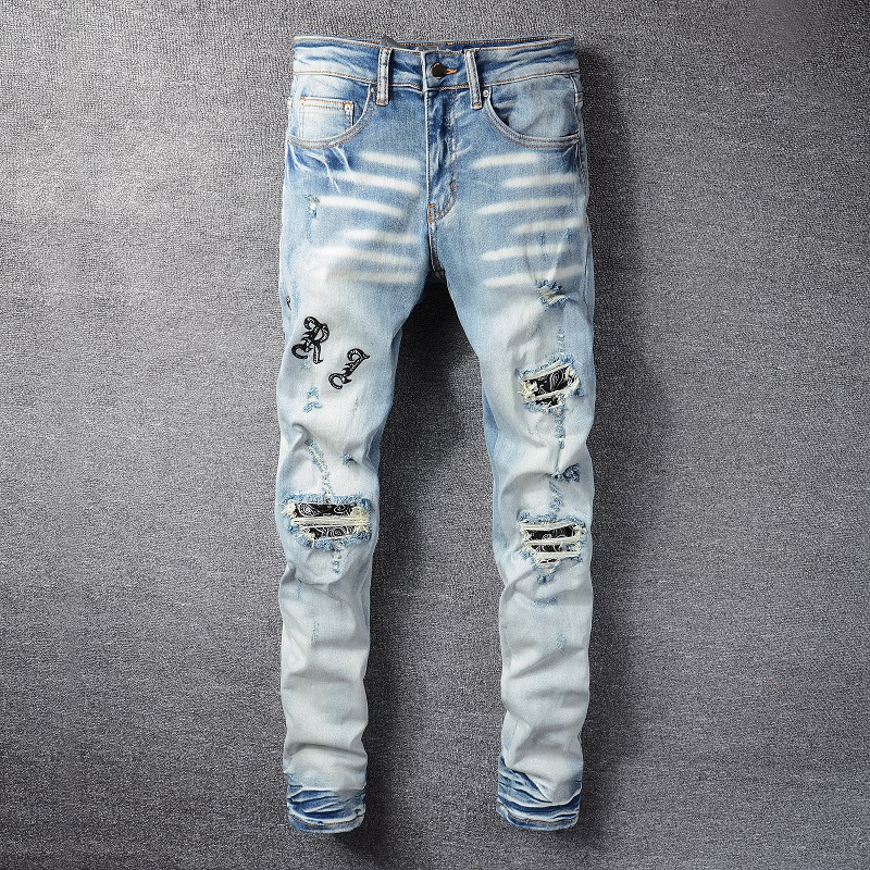 Casual Hip-hop High Street Worn Out And Old Washed And Ink Painted Slim Jeans Men #828