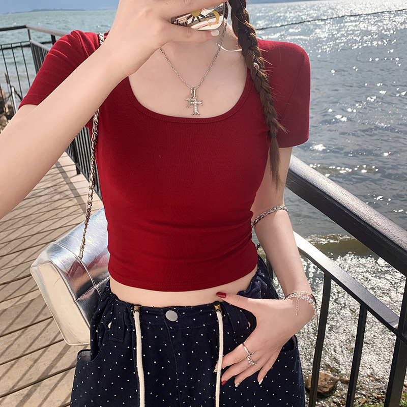 Red Short-sleeved Shoulder T-shirt Women's Summer 2024 New Explosions U-neck Half-sleeved Slim-fit Short Large Neck Top