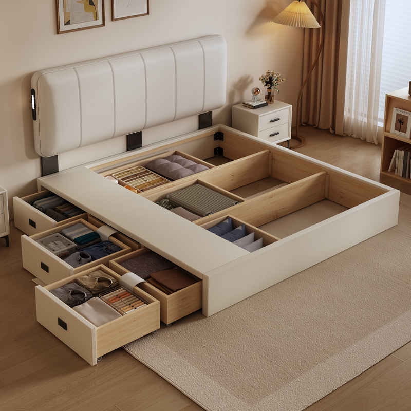 Adjustable Thin Bedside Tatami Bed with Drawer High Box Storage Bed Simple Small Apartment Master Bedroom Double Bed Leather Bed