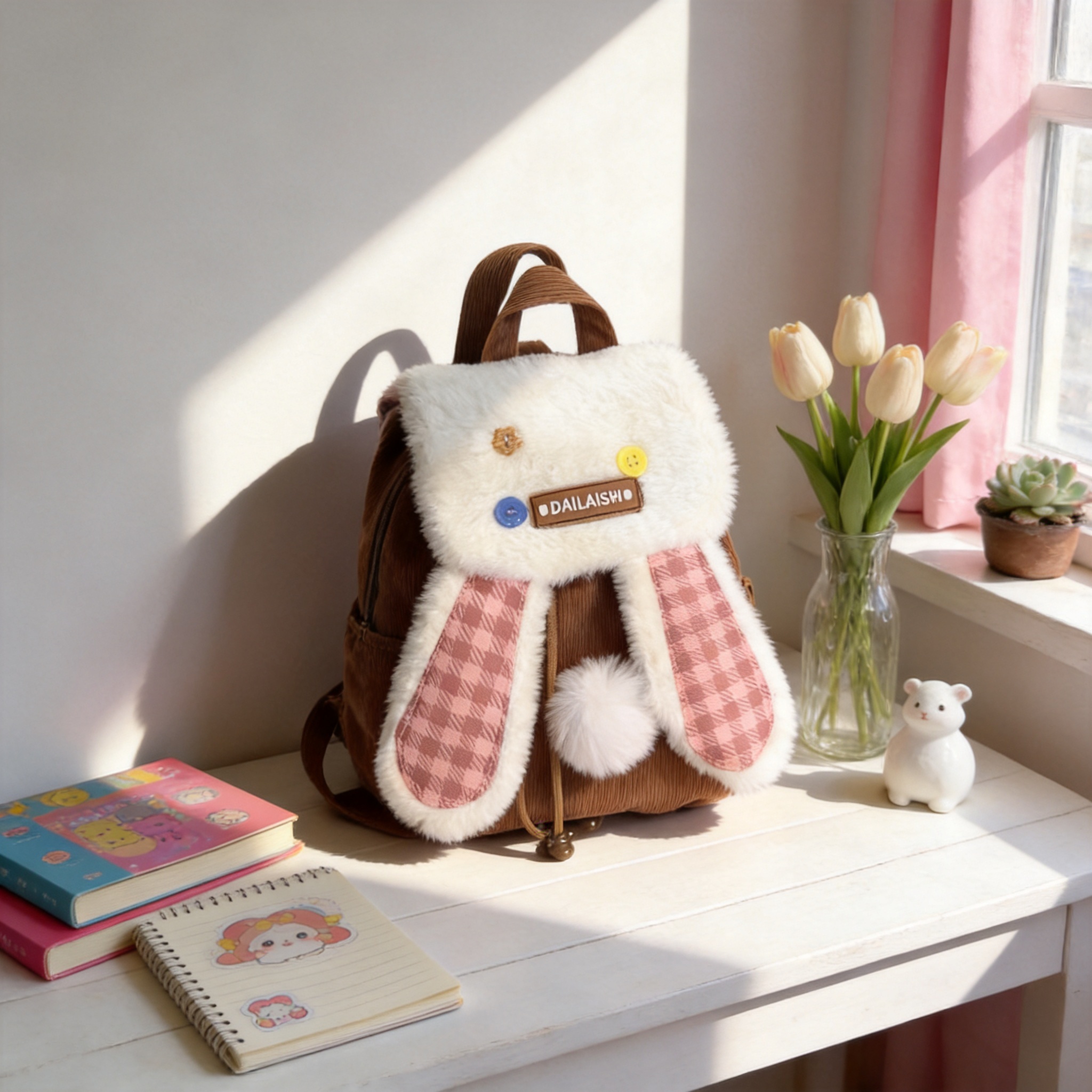 Korean Version of the New Cute Bunny Ears Small Backpack for Girls, Plaid Plush Backpack for Students, Girly Style