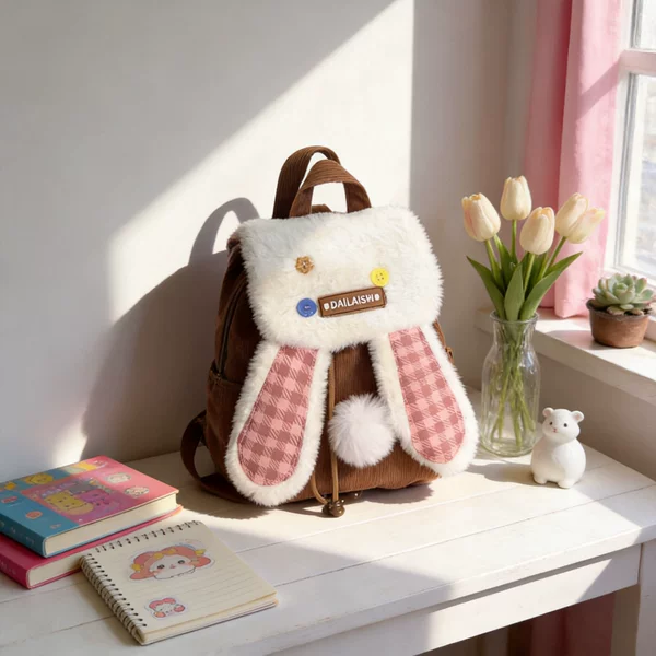 Korean Version of the New Cute Bunny Ears Small Backpack for Girls, Plaid Plush Backpack for Students, Girly Style