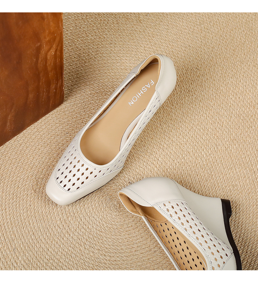 Giày sandal nữ da thật mũi vuông gót xuồng thấp, xỏ chân thoáng khí đi làm — màu trắng ngà, màu mơ chi tiết 16
