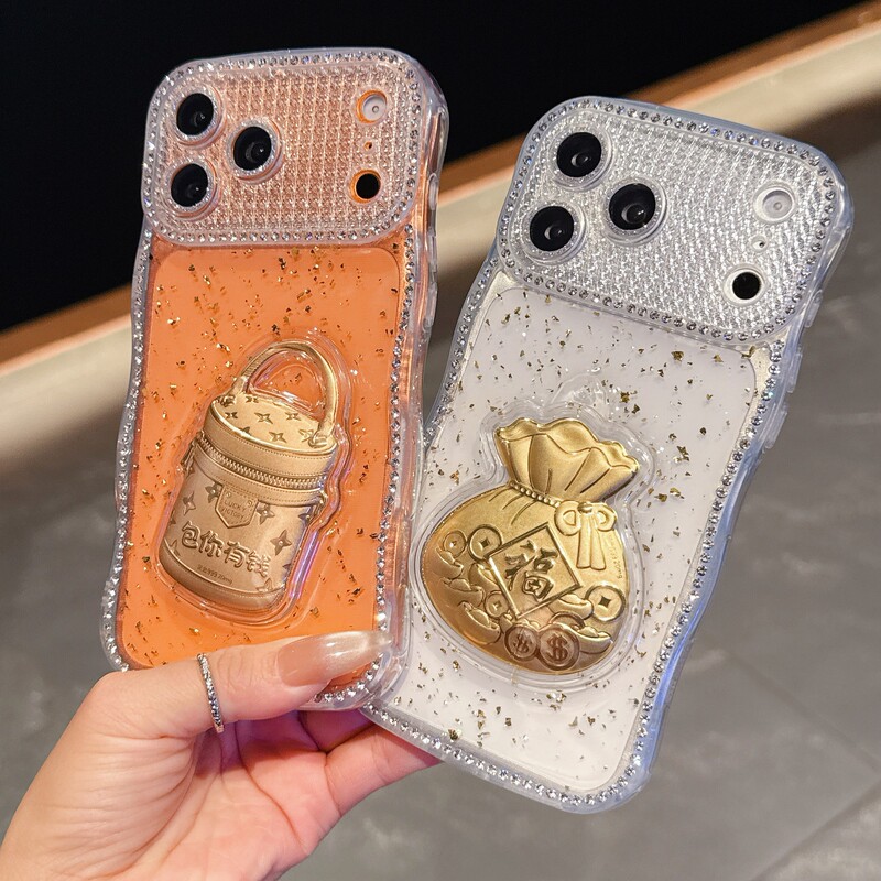 Suitable for Apple 17 Glue Wavy Edge Diamond Mobile Phone Case 16 Gold Lucky Bag 15 Lens Film 14 All-Inclusive Anti-Fall Protective Case