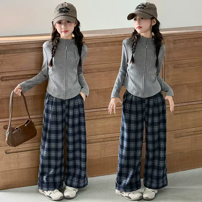 女童套装春秋款2025新款洋气儿童秋装时髦卫衣中大童格子裤两件套