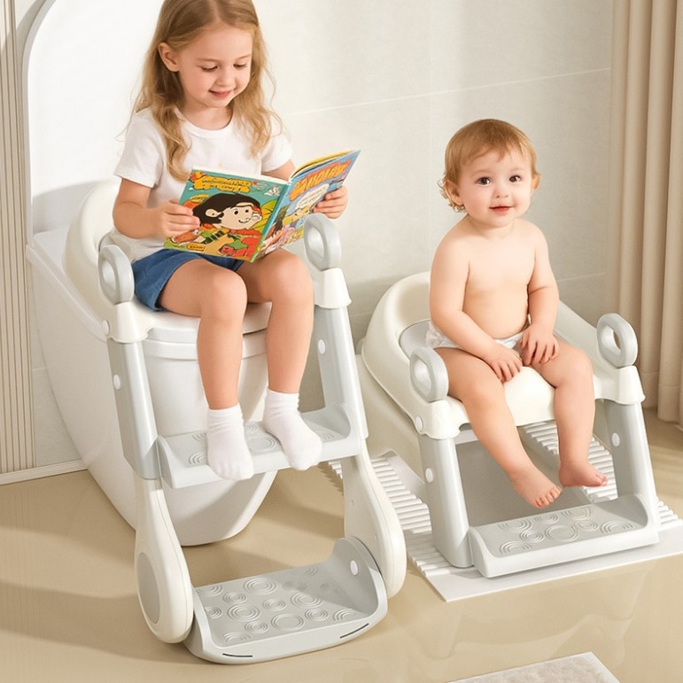 Asiento Inodoro Infantil con Escalera 3 en 1 Plegable y Portátil de Plástico PP
