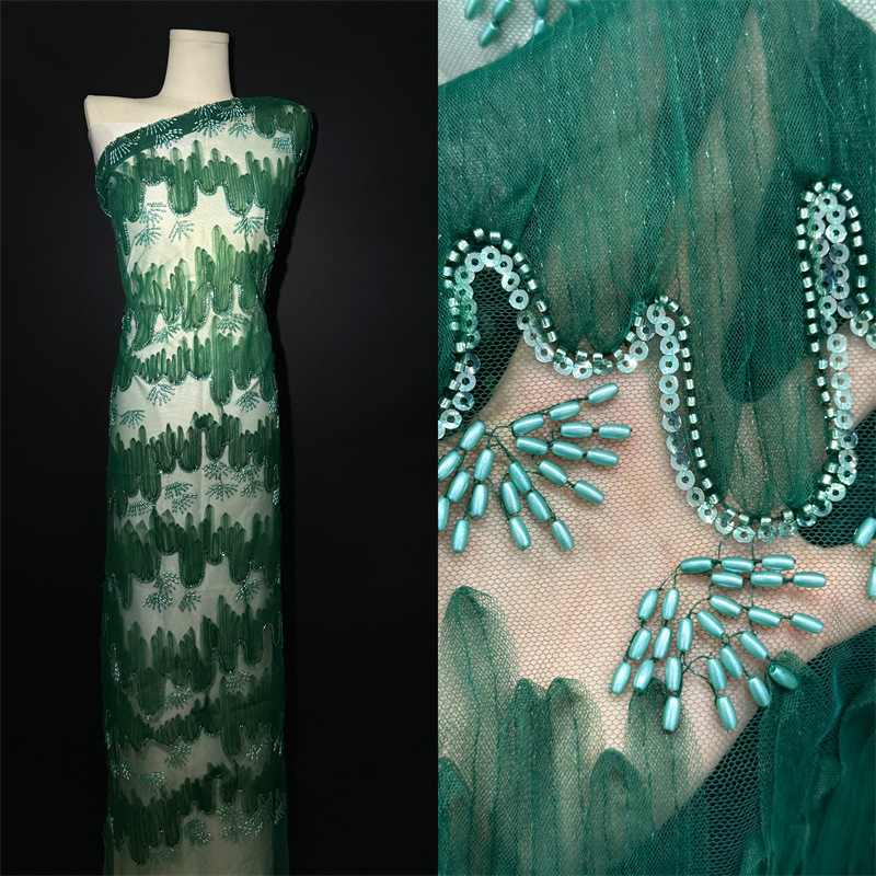 Paisaje tridimensional bordado tela de malla estilo nacional pequeño vestido fresco y hermoso cheongsam vestido de cena tela