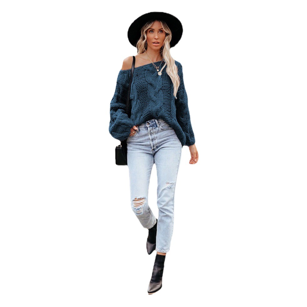 Suéter Holgado de Punto con Hombros Descubiertos y Estilo Urbano Europeo y Americano, Nuevo en Amazon para Otoño/Invierno 2025, Talla Grande para Mujer