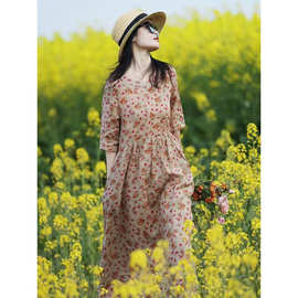高端轻薄2025年春季新款苎麻连衣裙女花色印花裙子