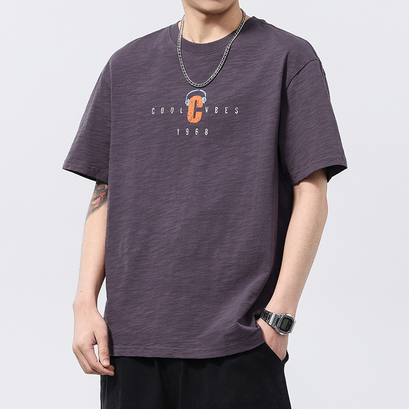 Anyang 230g Bamboo Cotton T-Shirt Men's Short-Sleeved 2025 Summer New Loose Breathable Trendy Brand Printed Pure Cotton T-Shirt