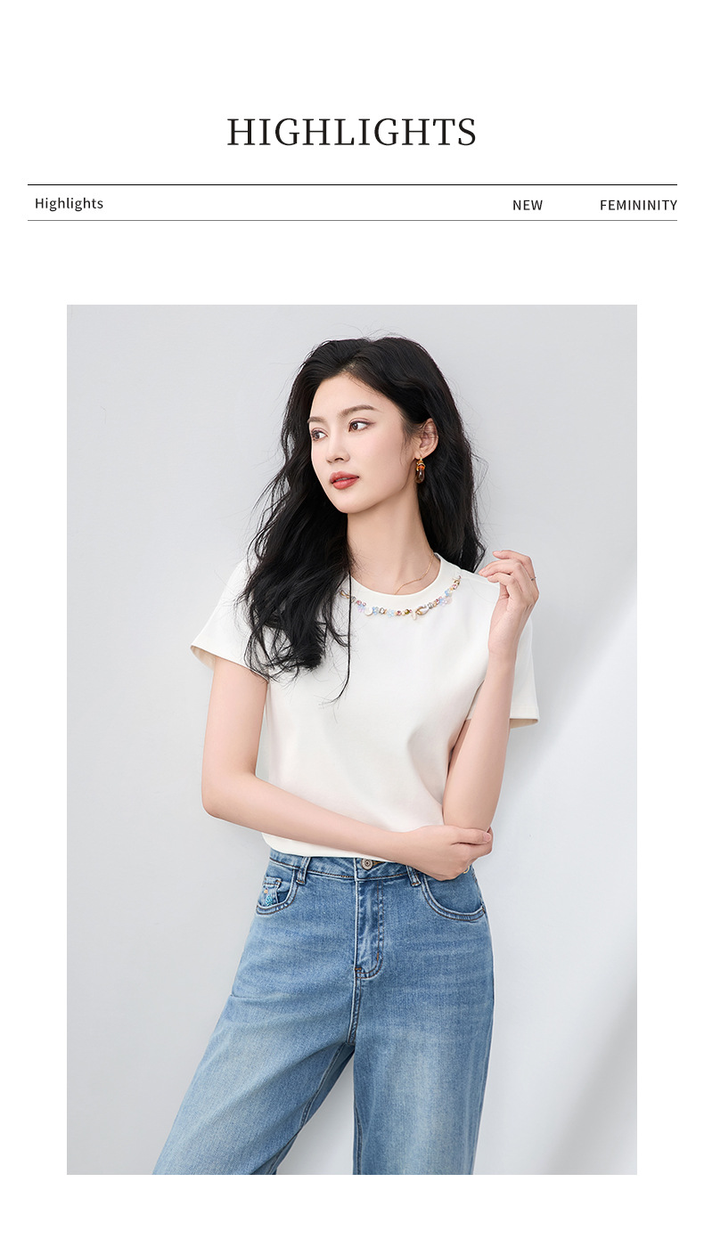 Áo thun cổ tròn đính cườm ốc xà cừ nữ tay ngắn ôm dáng — Màu trắng chi tiết 6