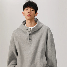 美式高领纽扣连帽卫衣男2025冬季潮牌宽松小众设计感情侣休闲外套