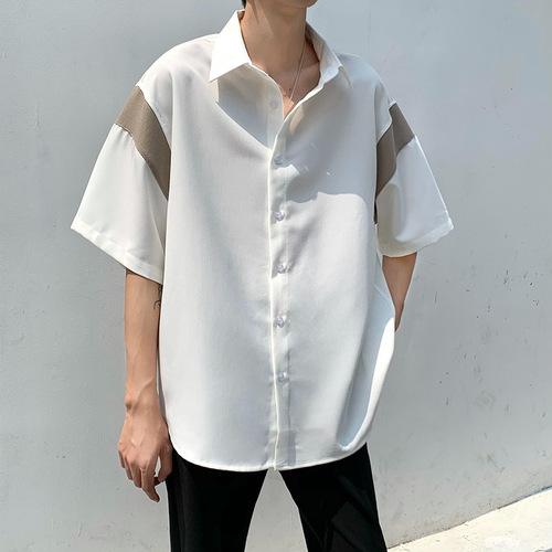 Summer Port Wind Japanese Style Splicing Ice Silk Men's Short Sleeve Loose Casual Cool Hipster Trend Five-Button Collar Shirt Jacket