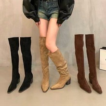 气质粗跟卡其色过膝长筒靴女靴秋冬季骑士堆堆长筒骑士靴马丁靴风